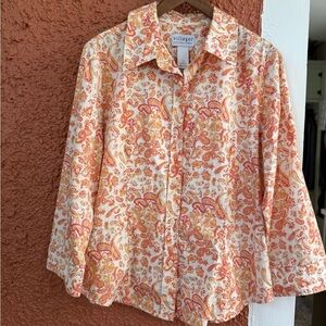 Women’s Orange and Pink Paisly Button Down Shirt Villager Liz Claiborne Size 12